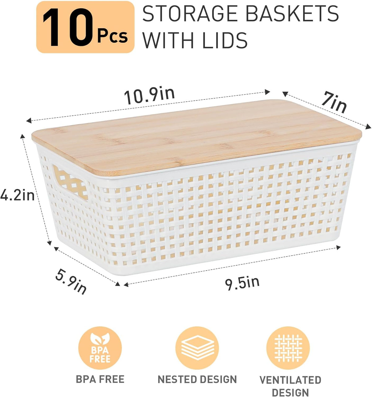 Small Storage Bins with Lids 6 Packs, Plastic Storage Basket with Bamboo Lid for Pantry Organization and Storage Containers for Shelves Drawers Desktop Closet Playroom Office Home, White