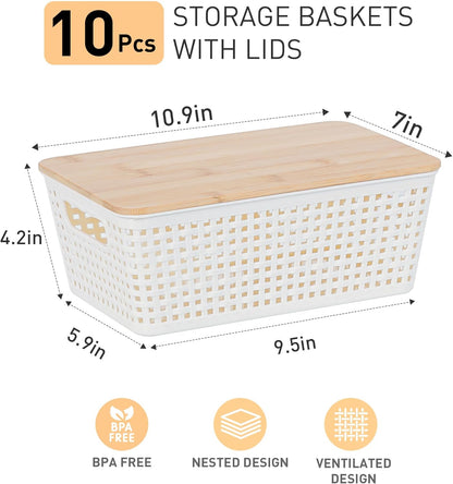 Small Storage Bins with Lids 6 Packs, Plastic Storage Basket with Bamboo Lid for Pantry Organization and Storage Containers for Shelves Drawers Desktop Closet Playroom Office Home, White