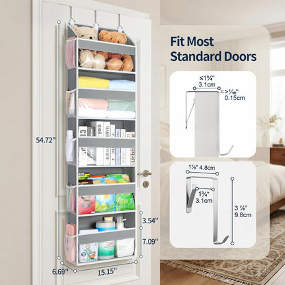 Yecaye Over the Door Organizer 5 Tiers, Heavy Duty Hanging Storage with 5 Large Clear PVC Pockets and 10 Side Pockets, 56lbs Capacity for Closet Door Bathroom Bedroom Nursery Dorm Laundry Room, Grey