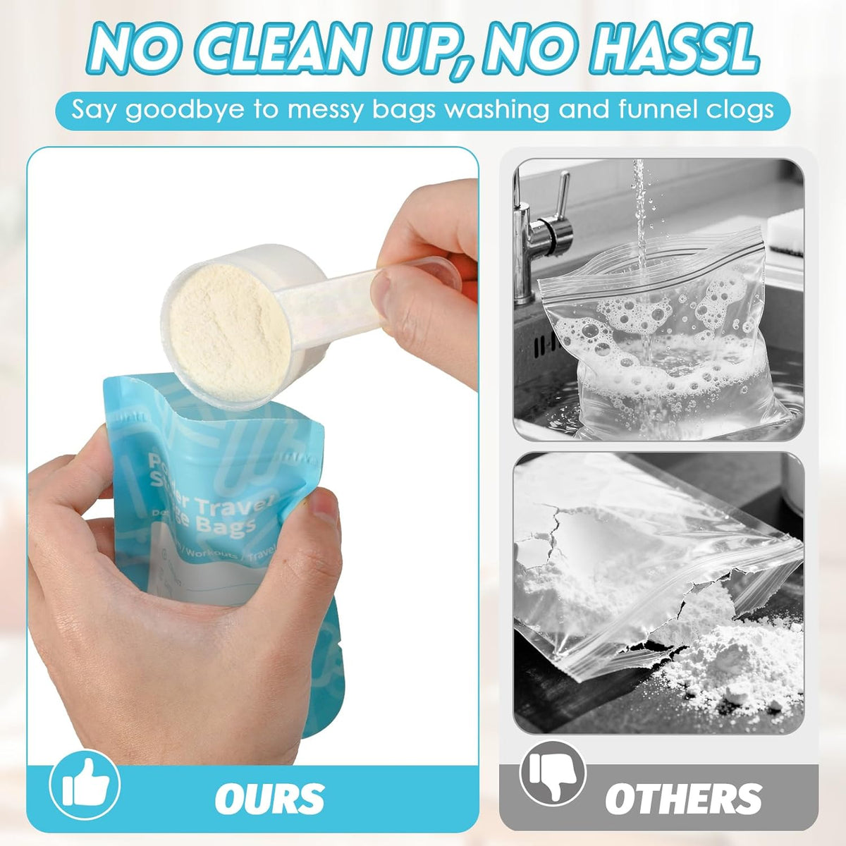 Protein Powder Travel Container Bags, 60Pcs Leakproof Bottle-Shaped Disposable Powder Travel Storage Bags for Gym, Workouts, Outdoor | Mess-Free Supplement Storage Solution (60)
