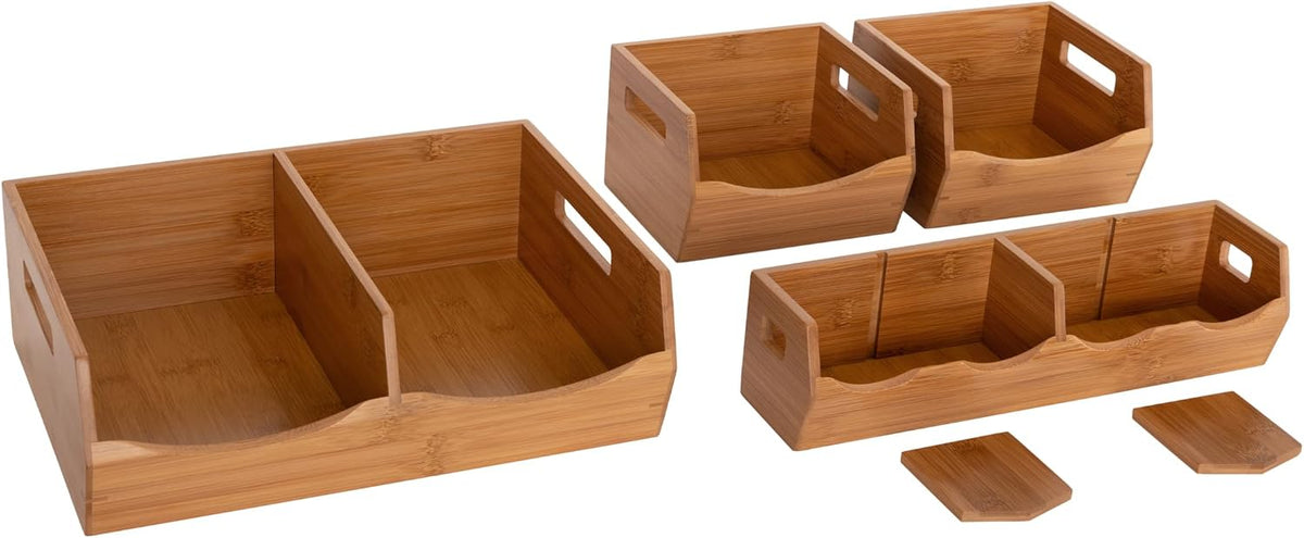 Seville Classics Bamboo Premium Organizer Storage Bins for Kitchen Silverware, Pantry, Closet, Office Desk, Pens, Utensils, Makeup, K Cup, Bamboo, Bag Holder Bin Set