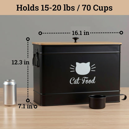 Cat Food Storage Container with Scoop - 15 lb (50 Cup) Capacity Metal Cat Food Container with Airtight Bamboo Lid & Metal Scoop - Airtight Pet Food Storage Containers - 15 lb Treats & Kibble Container