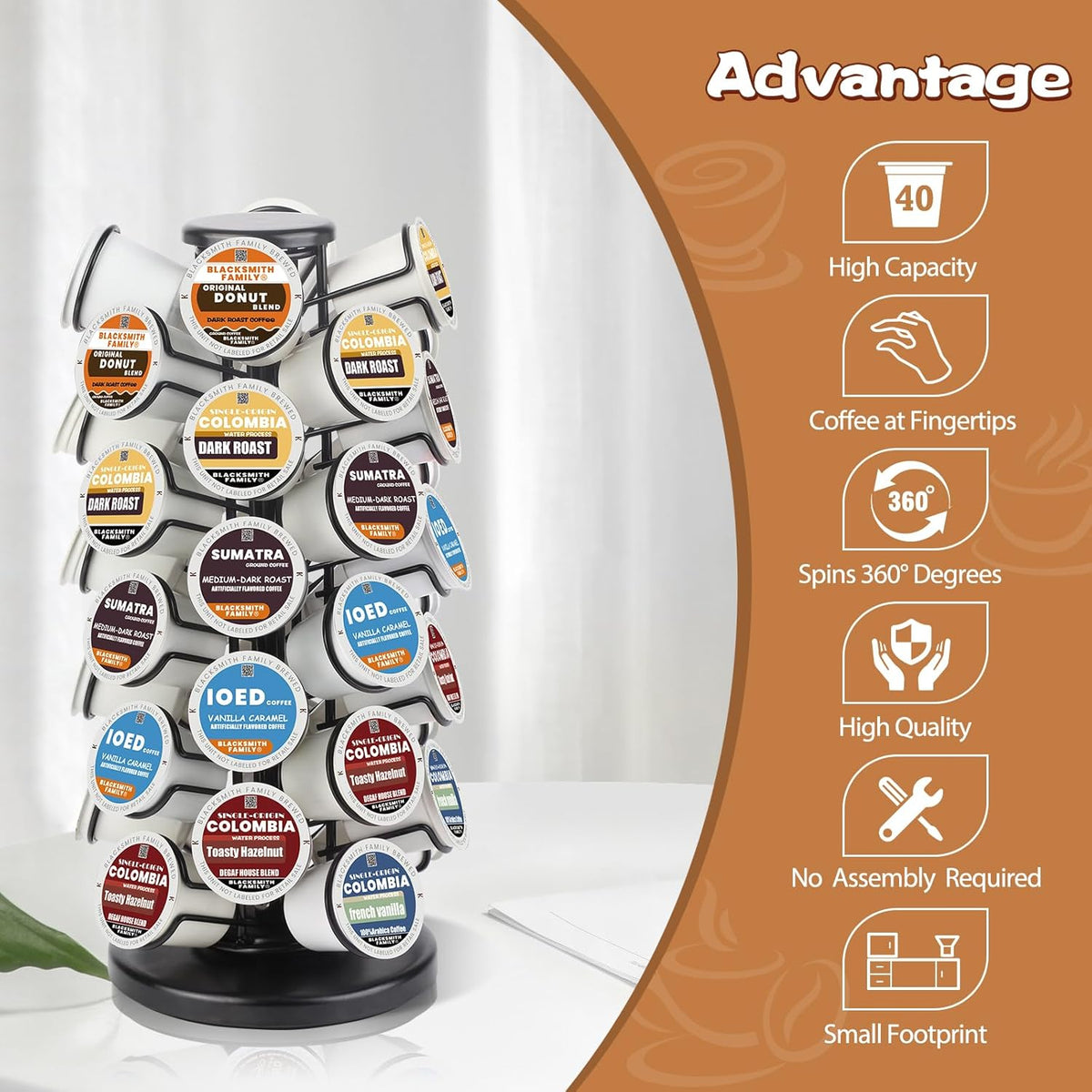 BLACKSMITH FAMILY 36 K Cup Pod Carousel Easy Assembly Design K Cup Holders,K Cup Holder, K Cups Holder,K Cup Carousel, 4-Tier Coffee Pods Holder Storage Organizer Stand,Glossy Black