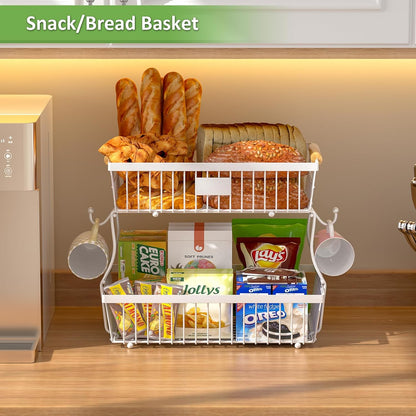 2 Tier Fruit Basket for Kitchen Counter with 2 Banana Hangers, Countertop Metal Bread Basket with Wooden Handle, Large Storage Stand for Vegetables, Snacks, Eggs, Produce Storage – Black