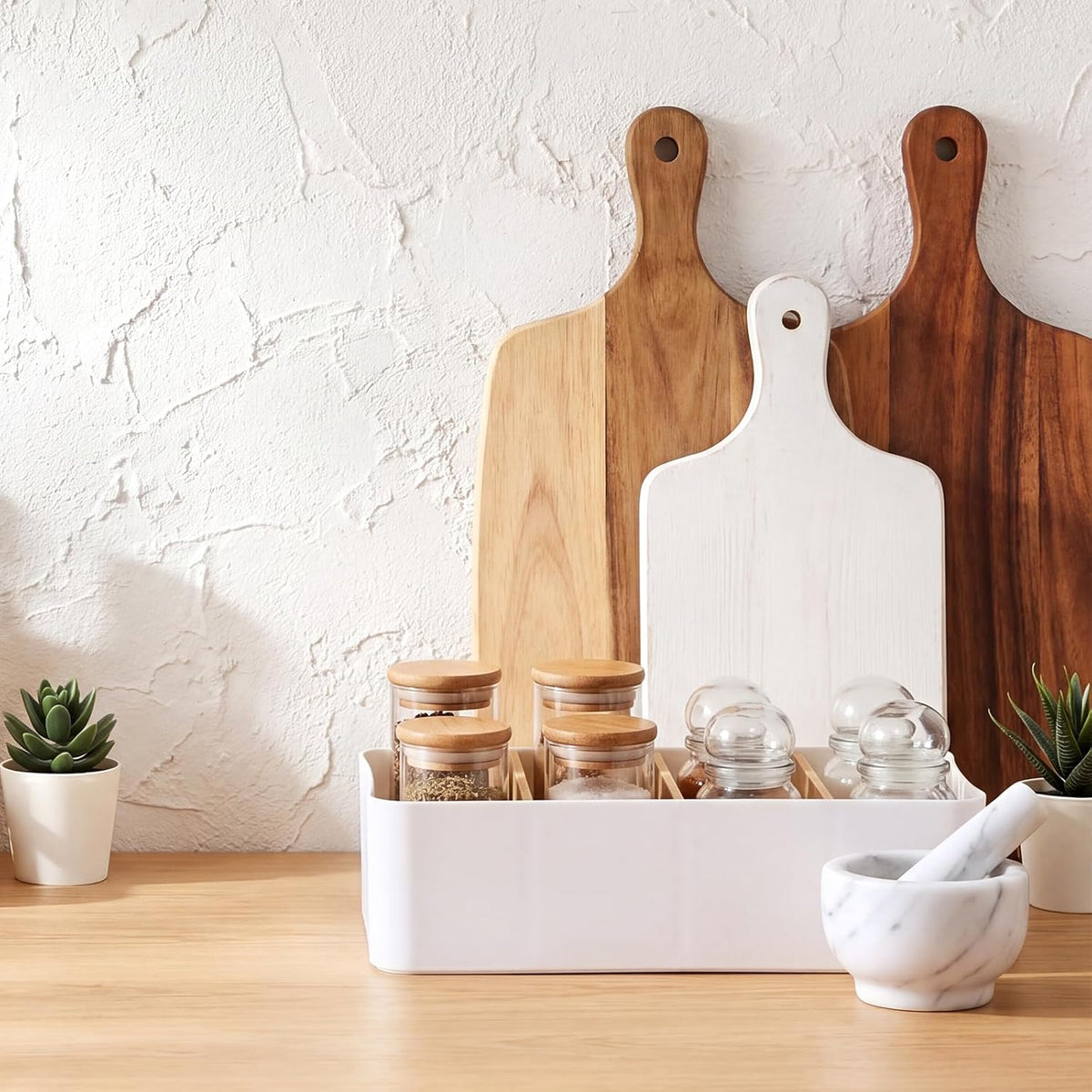 2 Pack Seasoning Packet Organizer Food Storage Organizer & 3 Bamboo Wood Removable Dividers Plastic Bins Caddy for Spice Snacks Pouches Spice Organization for Cabinet Kitchen(White)