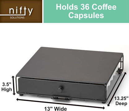 Nifty Rolling Coffee Pod Drawer – Black Finish, Compatible with K-Cups, 36 Pod Pack Holder, Compact Under Coffee Pot Storage Drawer, Slim Home Kitchen Counter Organizer