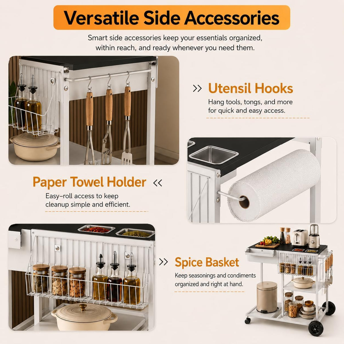 SUNLEI Rolling Cart Kitchen Storage Organizer with Spice Basket, Kitchen Island on Wheels with Paper Towel Holder, Lockable Wheels & Bottle Opener, Trash Bag Holder for Kitchen(Black)