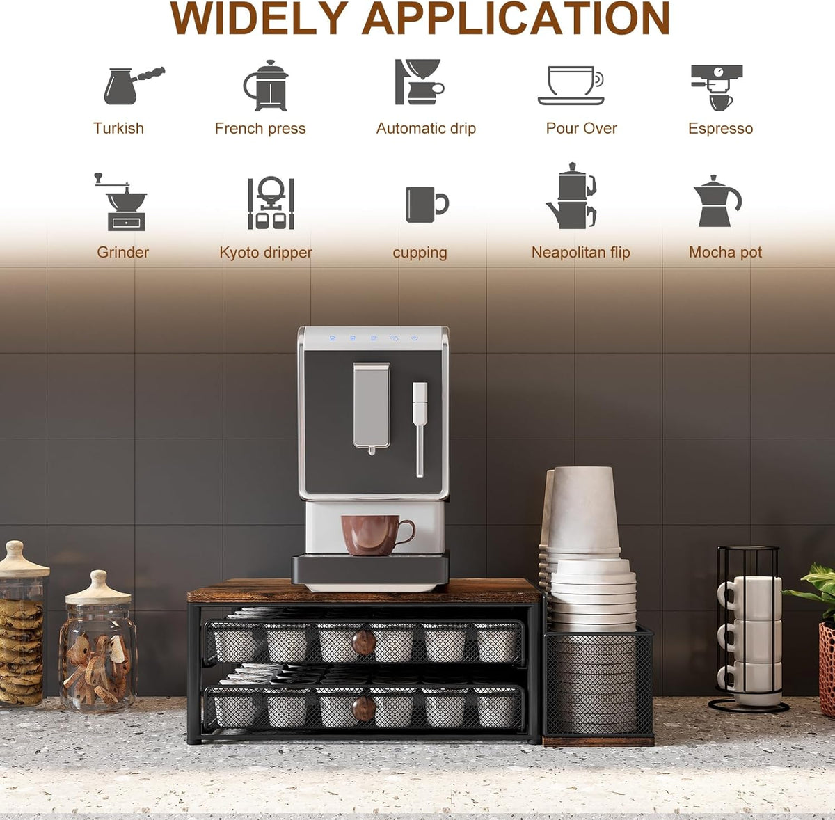 TQVAI K Cup Holder - 60 Capsule Capacity 2 Tier Sliding Pods Storage Drawer with Disposable Cups & Lids Holder, Coffee Bar Station Organizer for Countertop, Black