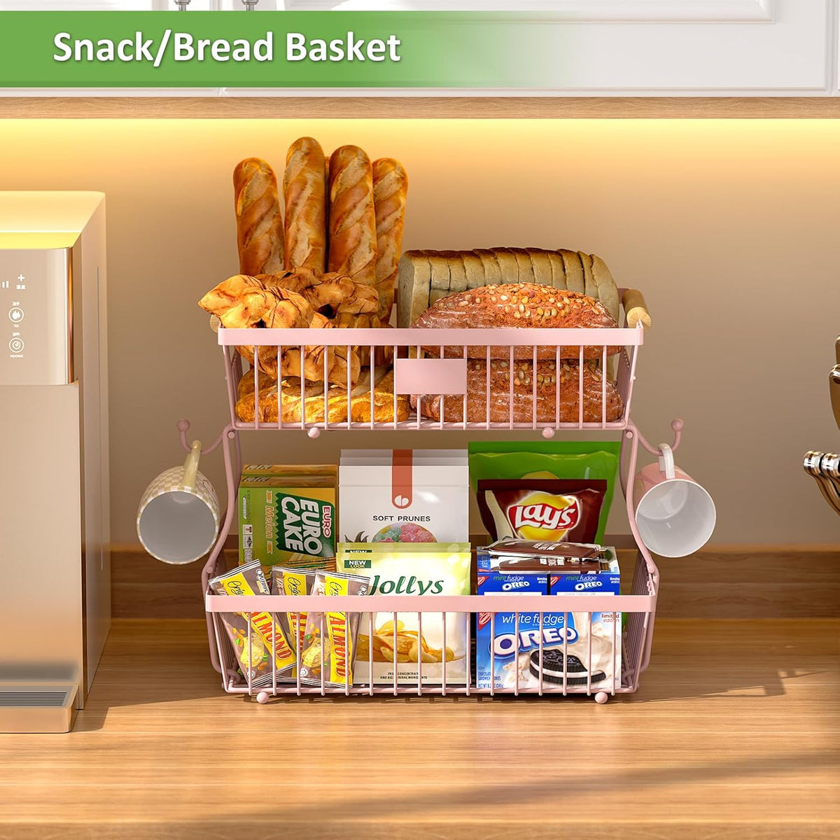 2 Tier Fruit Basket for Kitchen Counter with 2 Banana Hangers, Countertop Metal Bread Basket with Wooden Handle, Large Storage Stand for Vegetables, Snacks, Eggs, Produce Storage – Black