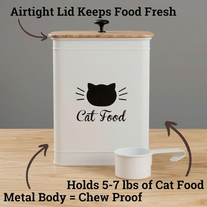 Cat Food Storage Container with Scoop - 5-7 lb (25 Cup) Capacity Metal Cat Food Container with Airtight Bamboo Lid and Metal Scoop - Airtight Pet Food Storage Containers 5 lb - 7 lb Kibble Container