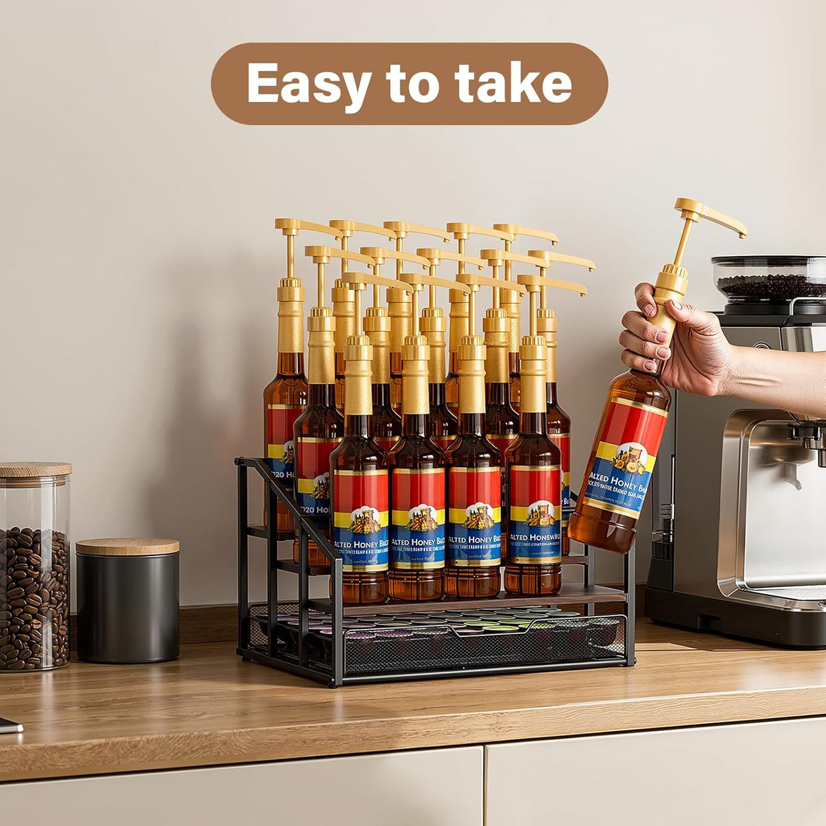 kimilus Coffee Syrup Rack Organizer, 4-Tier 12 Bottle Syrup Rack with 35 K Cup Drawer for Coffee Bar, Countertop Bottle Holder Stand for Dressing for Kitchen Cafe Station