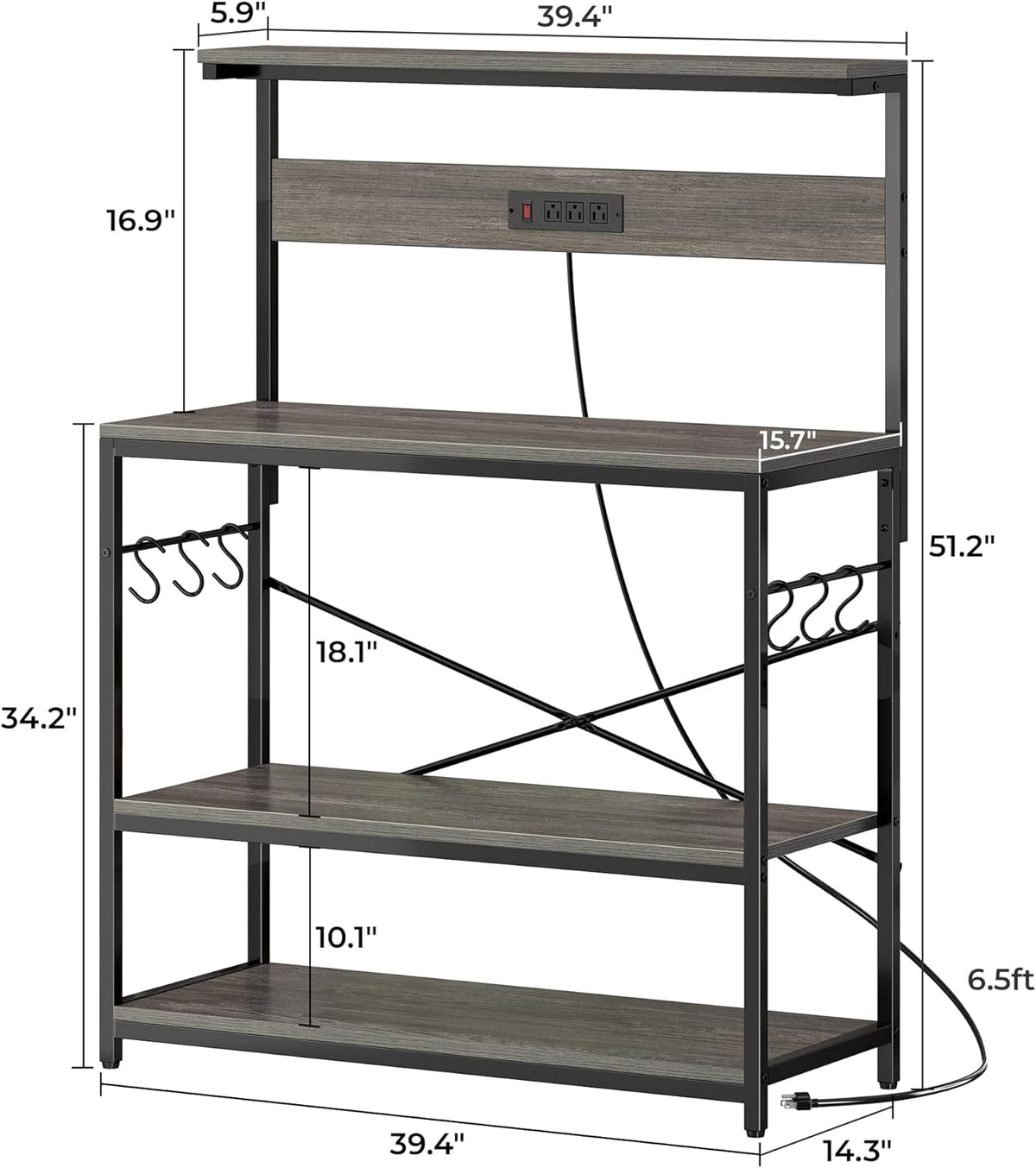 SUPERJARE Kitchen Bakers Rack with Power Outlet, Coffee Bar Table 4 Tiers, Kitchen Microwave Stand with 6 S-shaped Hooks, Storage Shelf Rack for Spices, Pots and Pans - Rustic Brown