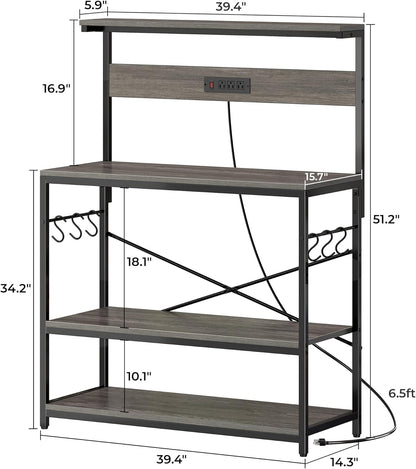SUPERJARE Kitchen Bakers Rack with Power Outlet, Coffee Bar Table 4 Tiers, Kitchen Microwave Stand with 6 S-shaped Hooks, Storage Shelf Rack for Spices, Pots and Pans - Rustic Brown
