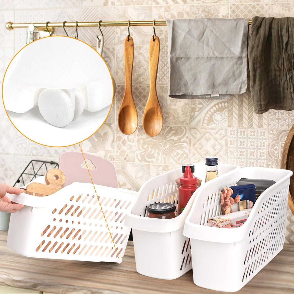 Coloch 4 Pack Plastic Under Sink Organizer with Wheels, Roll Out Bottle Organization Bins Narrow Kitchen Cabinet Organizers Multifunctional Plastic Organizer Basket for Under Sink, Kitchen, Bathroom