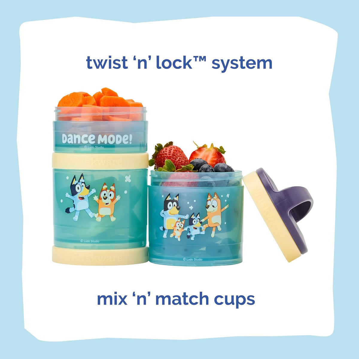Whiskware Bluey Stackable Snack Containers for Babies, Toddlers, and Kids, 3 Stackable Snack Cups for School and Travel, Cupholder Friendly, Bluey and Bingo! Let’s Do This!