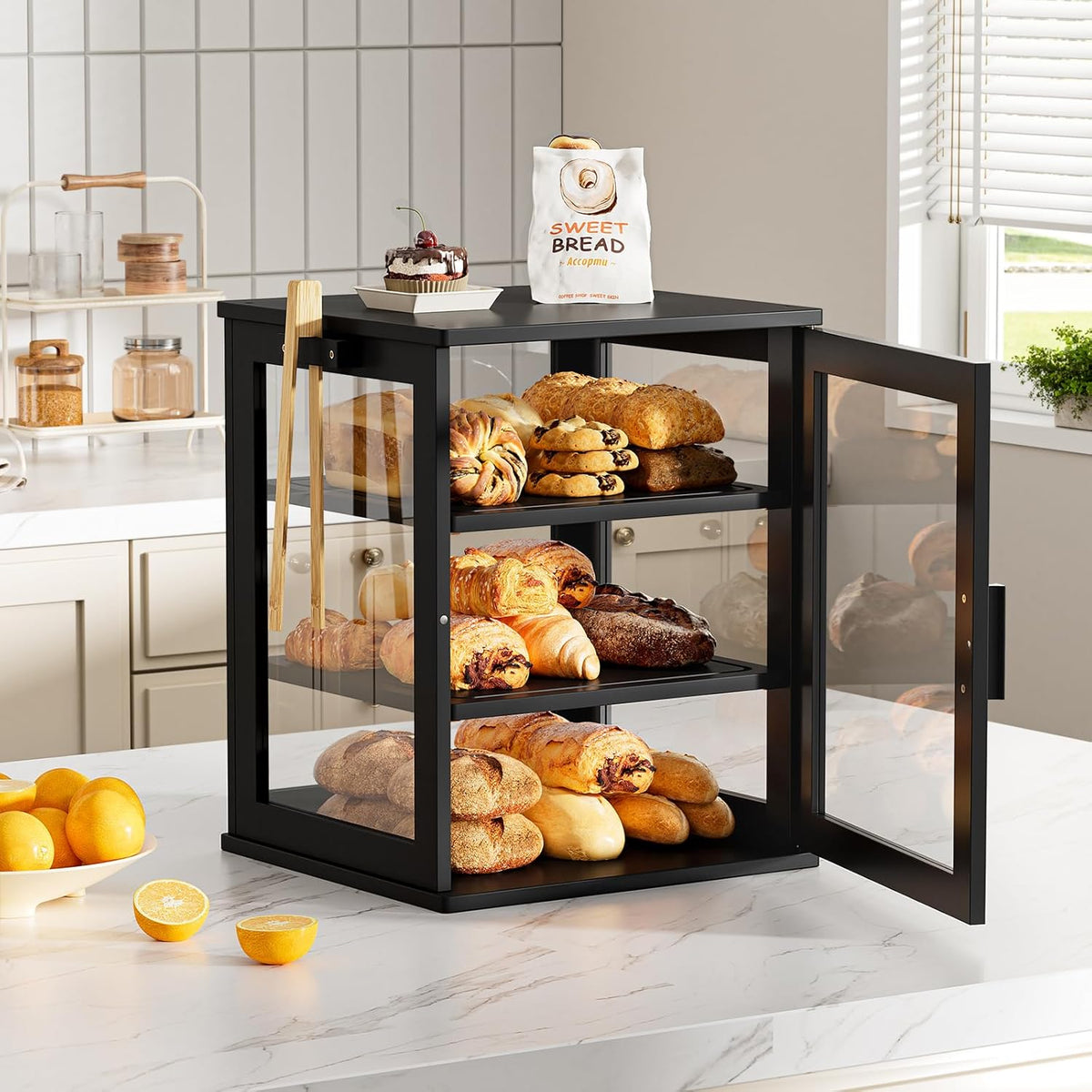 WOWLIVE Black Bread Box for Kitchen Countertop, Large 3 Layers Bread Storage Container for Homemade Bread with Window, Farmhouse Breadbox Organizer for Kitchen, Cabinet, Pantry (Black, Meduim)