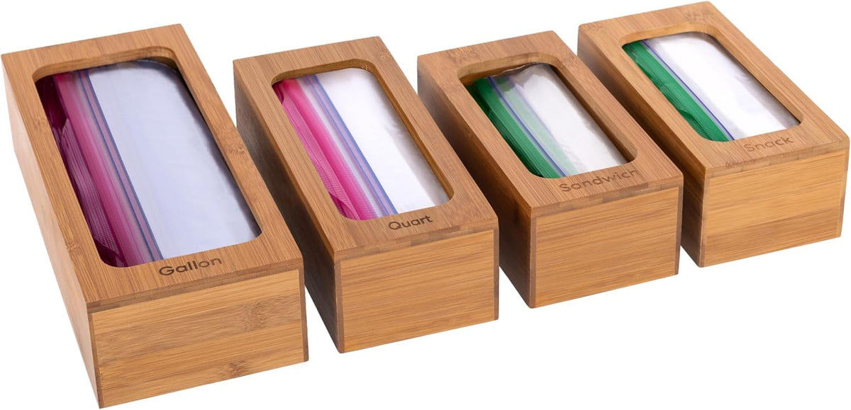Seville Classics Bamboo Premium Organizer Storage Bins for Kitchen Silverware, Pantry, Closet, Office Desk, Pens, Utensils, Makeup, K Cup, Bamboo, Bag Holder Bin Set