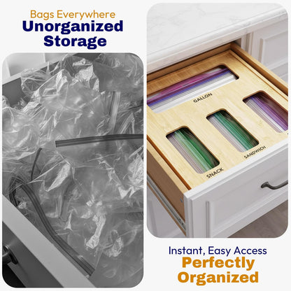 Storage Bag Organizer for Kitchen Drawer, Bamboo Bag Storage with 4 Slots, Plastic Bag Holder with Laser Engraved Labels & Screws, Space-Saving Kitchen Essential for Pantry, Apartment, and Home Use