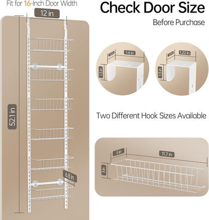 Delamu Adjustable Cabinet Door Organizer, 6-Tier Hanging Spice Rack Organizer, Metal Over the Door Pantry Organizer, Pantry Organizers and Storage Shelves for Kitchen Bathroom Laundry Room, White M