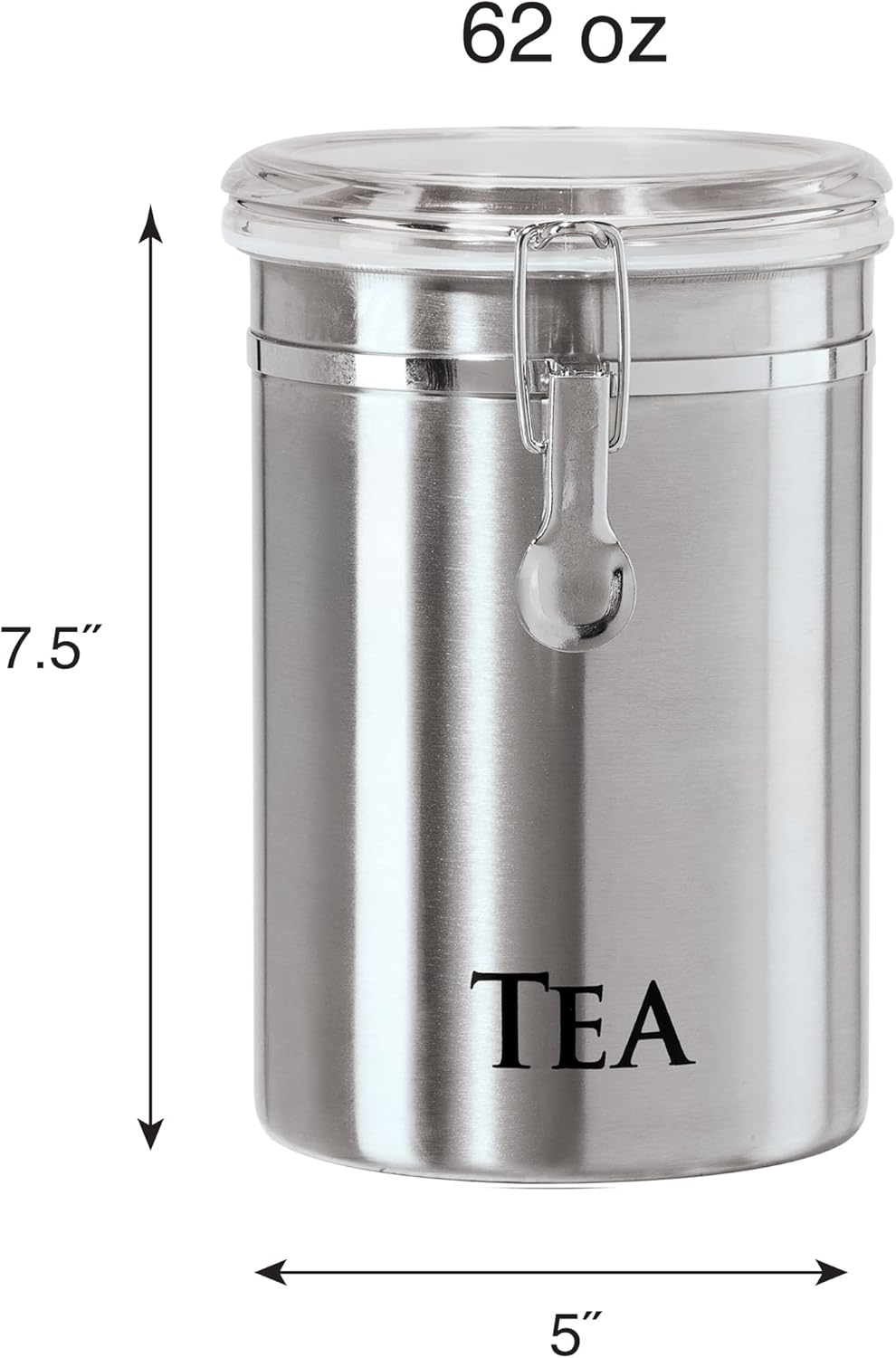 Oggi Stainless Steel Sugar Canister 62 fl oz - Airtight Clamp Lid, Clear See-Thru Top - Ideal Sugar Container for Countertop, Sugar Jar, Bulk Sugar Storage. Large Size 5" x 7.5".