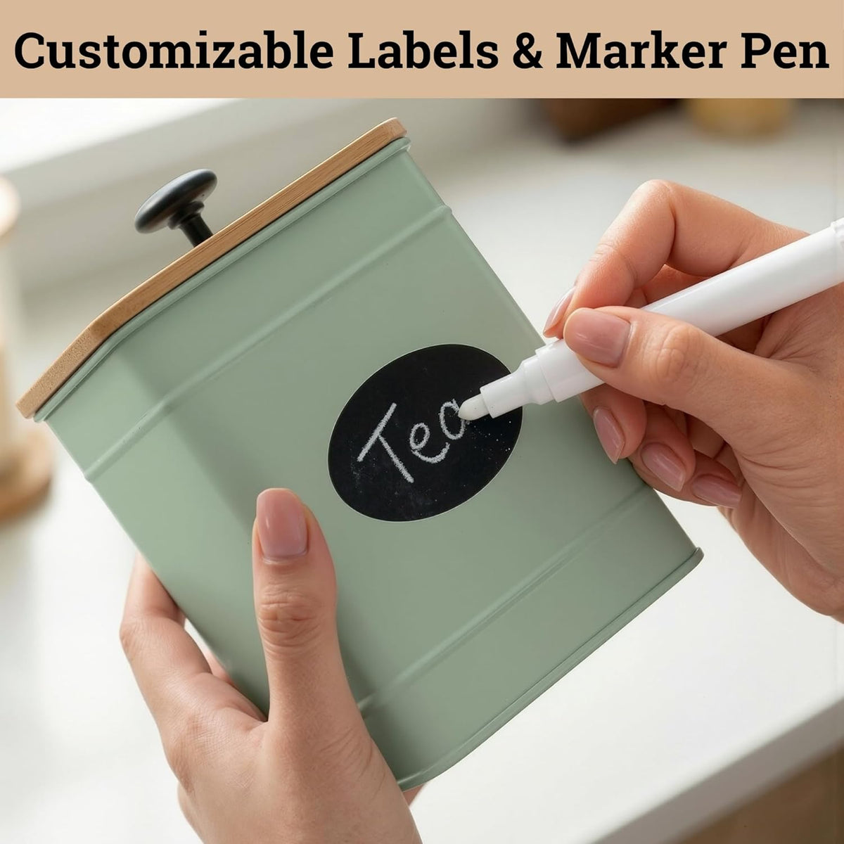 Kitchen Canisters for Countertop Set of 4 with Customizable Chalkboard Labels & Marker Pen - Big Iron Kitchen Canisters with Airtight Lids - Black Canister Set - Flour and Sugar Containers Farmhouse