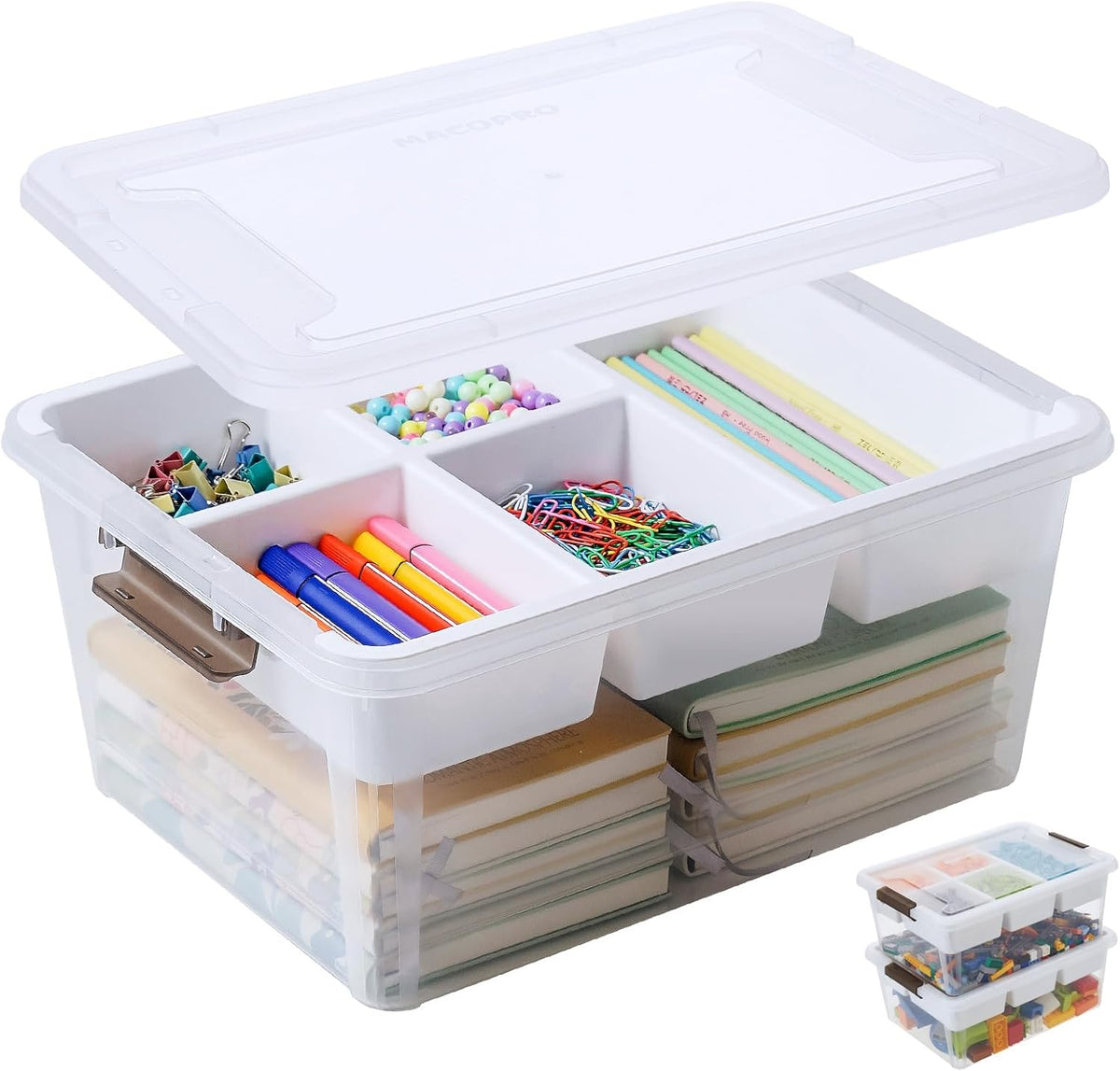 MACOPRO 17 QT Plastic Storage Box with Removable Tray, Bins with Lids, Clear Storage Container for Craft Supplies, Beads, Tools, Sewing, and Playdoh Organization (White, -17QT)