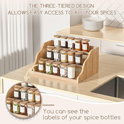Tiered Spice Rack Organizer for Cabinet, Wooden Spice Rack for Countertop, Spice Shelf organizer Spice Organization for Cabinet