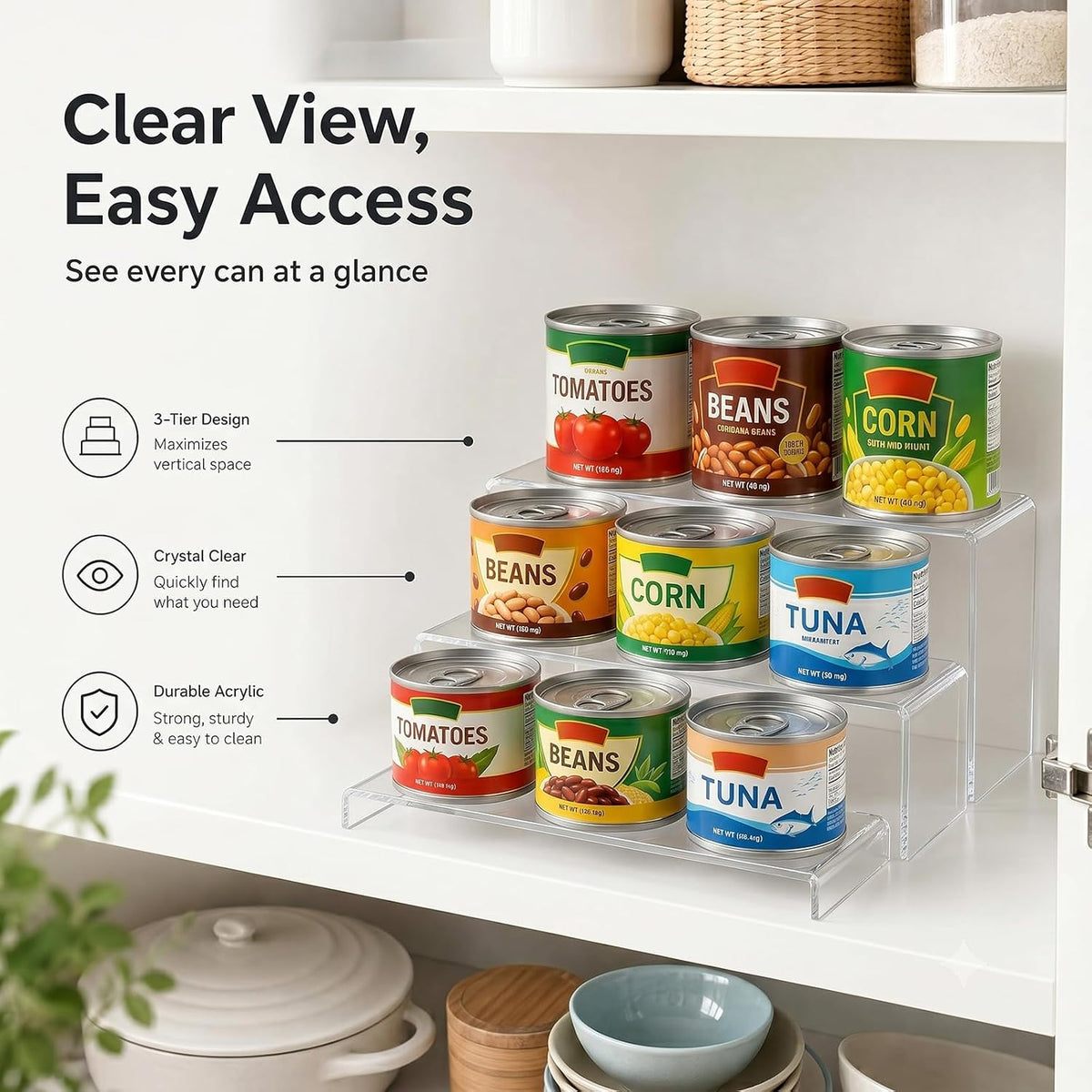 Expandable Can Rack Organizer 2 Pack, 3-Tier Adjustable Length | Set of 2 Holds Up to 36 Cans, Stability with Non-Skid Shelf, Canned Goods Storage Display for Pantry, Cabinet