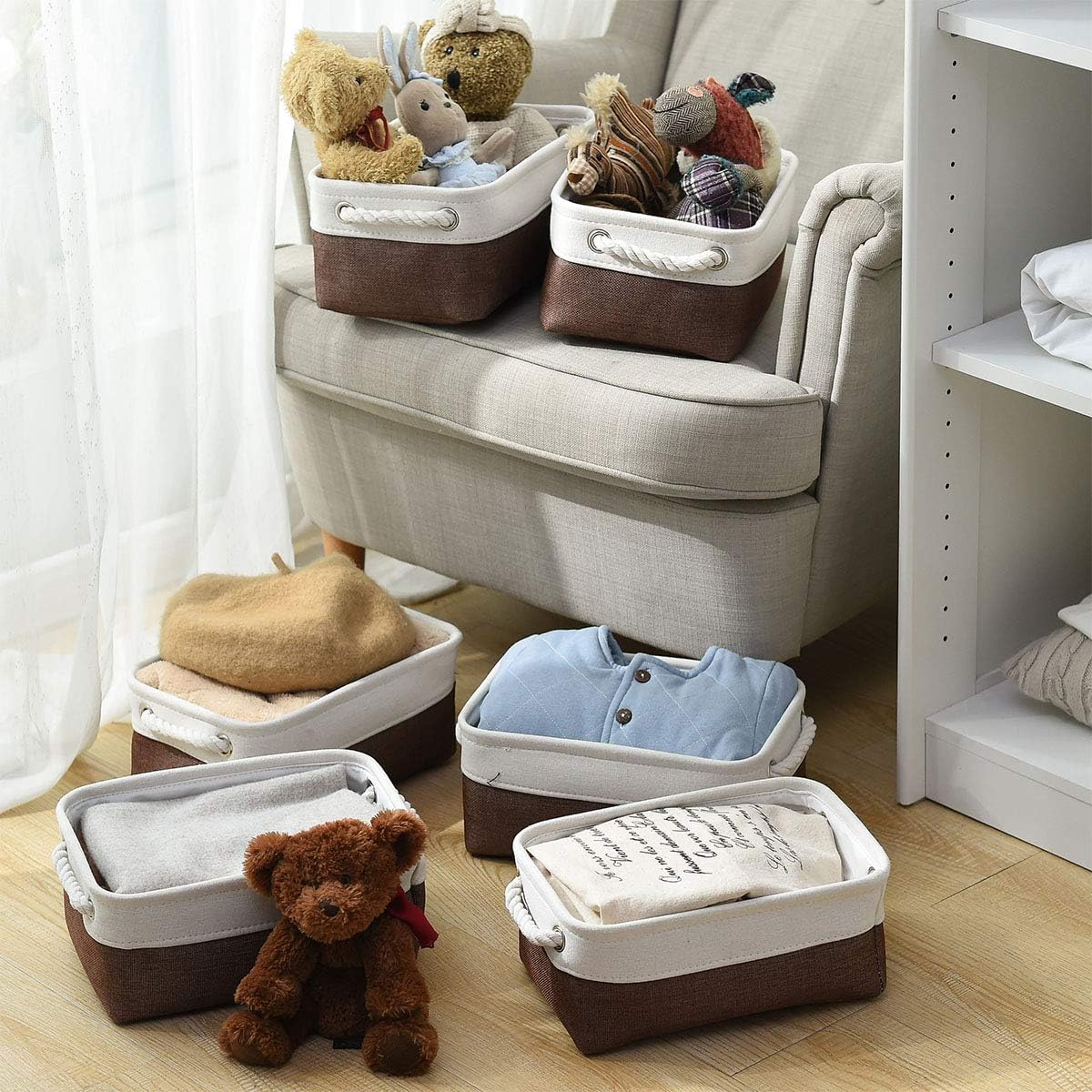 Fabric Storage Bins 12x8x5 inch [6-Pack] with Rope Handles - Decorative Baskets for Organizing