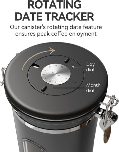 Veken Coffee Canister with Window, Family Choice Awards Winner, Airtight Stainless Steel Home Kitchen Food Storage Container with Lids for Grounds, Beans, Tea, Flour,Cereal,Sugar Jars,Scoop,16OZ,Black