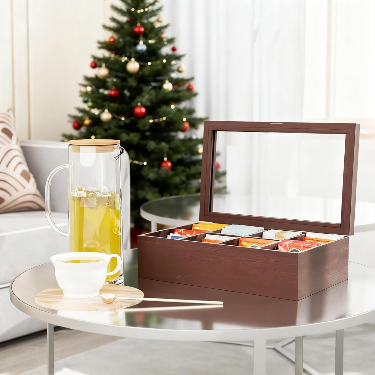 Alsonerbay Wooden Tea Box Tea Bag Holder Kitchen Storage Chest Box for Spice Pouches and Sugar Packets with 8 Compartments and Glass Window Weathered Black