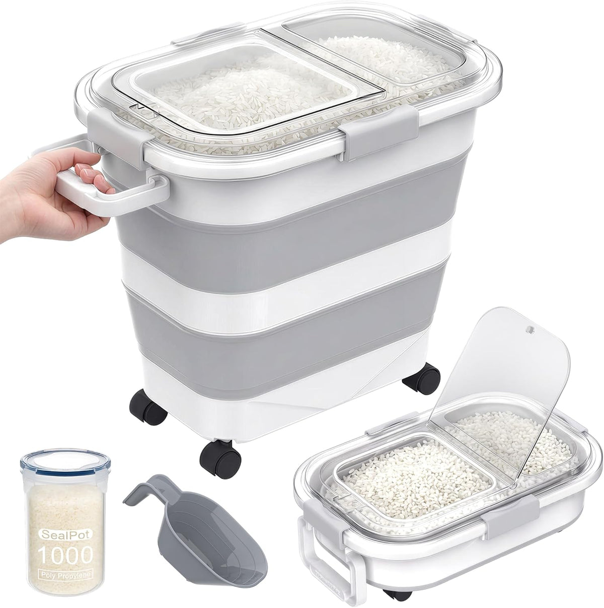 HOYTAMDA 25-35Lbs Rice Container,Collapsible Airtight Food Storage Containers with Wheels,Handle,Rice Storage Container with Small Bin and Scoop,Rice Dispenser for Flour Sugar Cereal Grain Dog Cat
