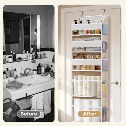 5 Tiers Over the Door Organizer with 10 Mesh Side Pockets, 44 lbs Weight Capacity Closet Hanging Storage Organizer with Large Clear Window Kids Toys, Shoes, Diapers, Beige