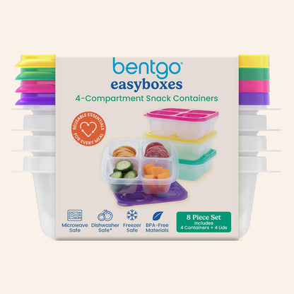 Bentgo Easyboxes 4-Compartment Snack Containers - 8-Piece Set with 4 Trays & 4 Custom-Fit Lids to Seal in Freshness - Reusable Food Storage & Meal Prep Bento BPA-Free Containers (Brights 4-Pack)