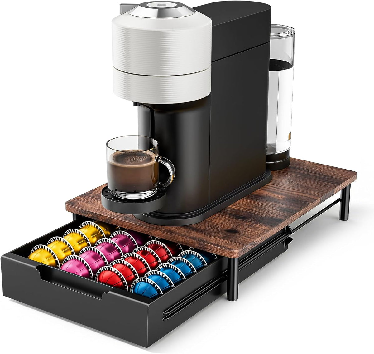 Coffee Pod Drawer Organizer for Nespresso Vertuo, Patented Flexible Slot Design Holds Up to 40 Large Capsules, Rustic Wood Look, Fits Under Coffee Machines