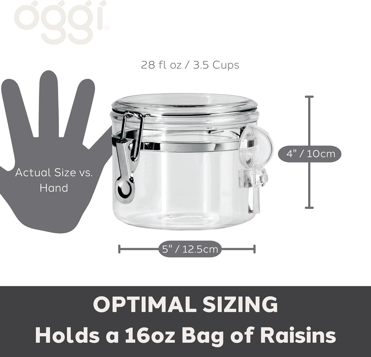 OGGI Clear Canister Airtight 28oz - Clamp Lid & Spoon - Airtight Food Storage Containers, Ideal for Kitchen & Pantry Storage of Bulk, Dry Food Including Flour, Sugar, Coffee, Rice, Tea, Spices & Herbs