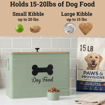 Dog Food Container Airtight 15-20 lb (70 Cup) Capacity with Metal Scoop - Cute Airtight Dog Food Storage Container with Bamboo Lid - Black Metal Kibble Storage Bin for Dogs up to 100 lbs - Big Pet Jar