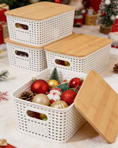EOENVIVS Plastic Storage Baskets with Bamboo Lids for Pantry Organization and Storage Containers Bins for Shelves Drawers Desktop Closet Playroom Classroom Office Home, 6 Pack,White