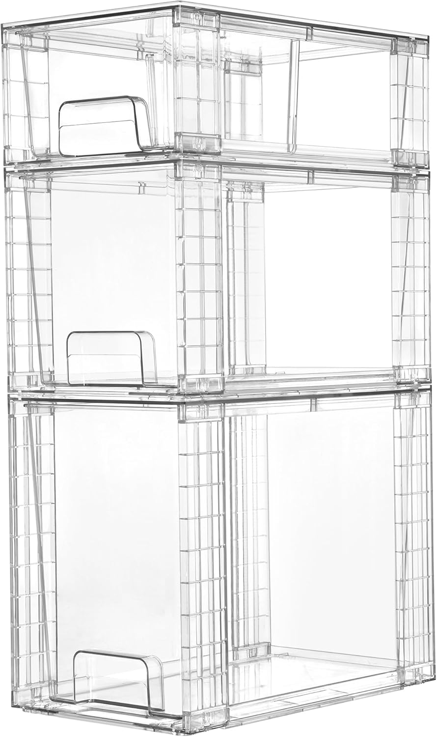 Vtopmart 3 Pack Stackable Storage Drawers, Easily Assemble Acrylic Bathroom Undersink Organizers,Clear Plastic Storage Bins for Closet,Cabinet,Pantry,Medicine Organization