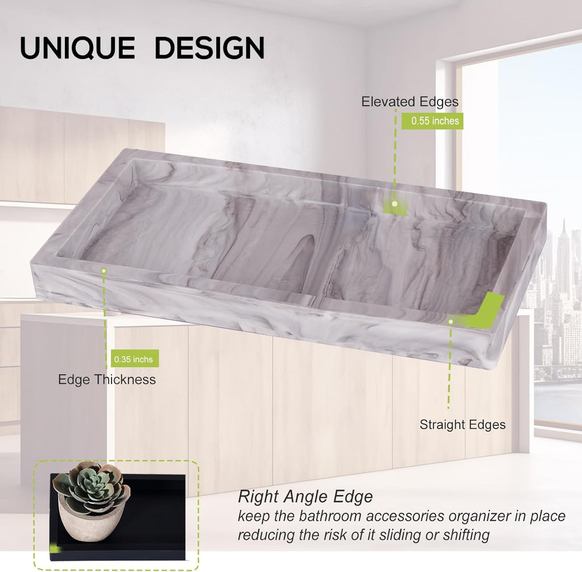 Small Silicone Bathroom Vanity Tray Rectangle Soap and Sponge Holder Kitchen Sink Organizer for Scrubber, Lotion Bottles, Perfume, Jewelry, Candle, Key Trinket Ring, Black