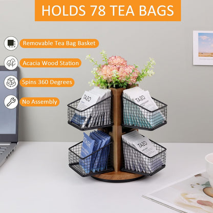 HTB 2 Tier Tea Organizer for Tea Bags, Tea Bag Holder with Acacia Wood Stand and 6 Removable Metal Basket for Sugar Packets, Sweeteners, Creamers for Cabinet, Countertop or Wall-mounted