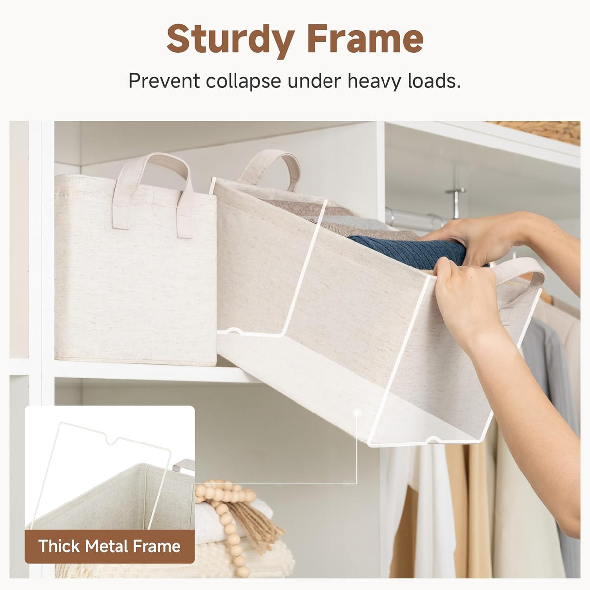 StorageWorks Storage Bins, Shelves Baskets for Organizing, Fabric Closet Organizers with Handles, Metal Frame, Beige-Cotton-linen, 2-Pack
