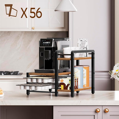 YATINEY Coffee Pod Drawer Holder, Holder for K Cup, Coffee Pod Organizer with 2-Tier Sliding Storage Drawer and Countertop, 56 Pods Capacity, Rustic Brown and Black KH01BR