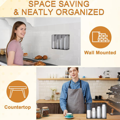 Wall Mount Portion Sauce Cup Lid Organizer 4 Compartments Iron Sauce Cup Dispenser Black Cup and Lid Holder Organizer Fits Cups Size 2 to 4 oz For Kitchen Counter Restaurant Coffee Bar 13x10x3.3 In