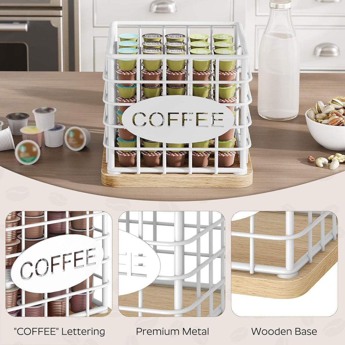 YATINEY Coffee Pod Holder for K Cup, Large Capacity Coffee Pod Organizer, Versatile Coffee Capsule Storage Basket with Wooden Base, White KH10WN