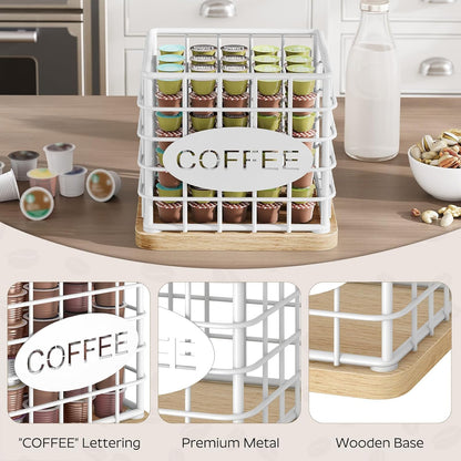 YATINEY Coffee Pod Holder for K Cup, Large Capacity Coffee Pod Organizer, Versatile Coffee Capsule Storage Basket with Wooden Base, White KH10WN