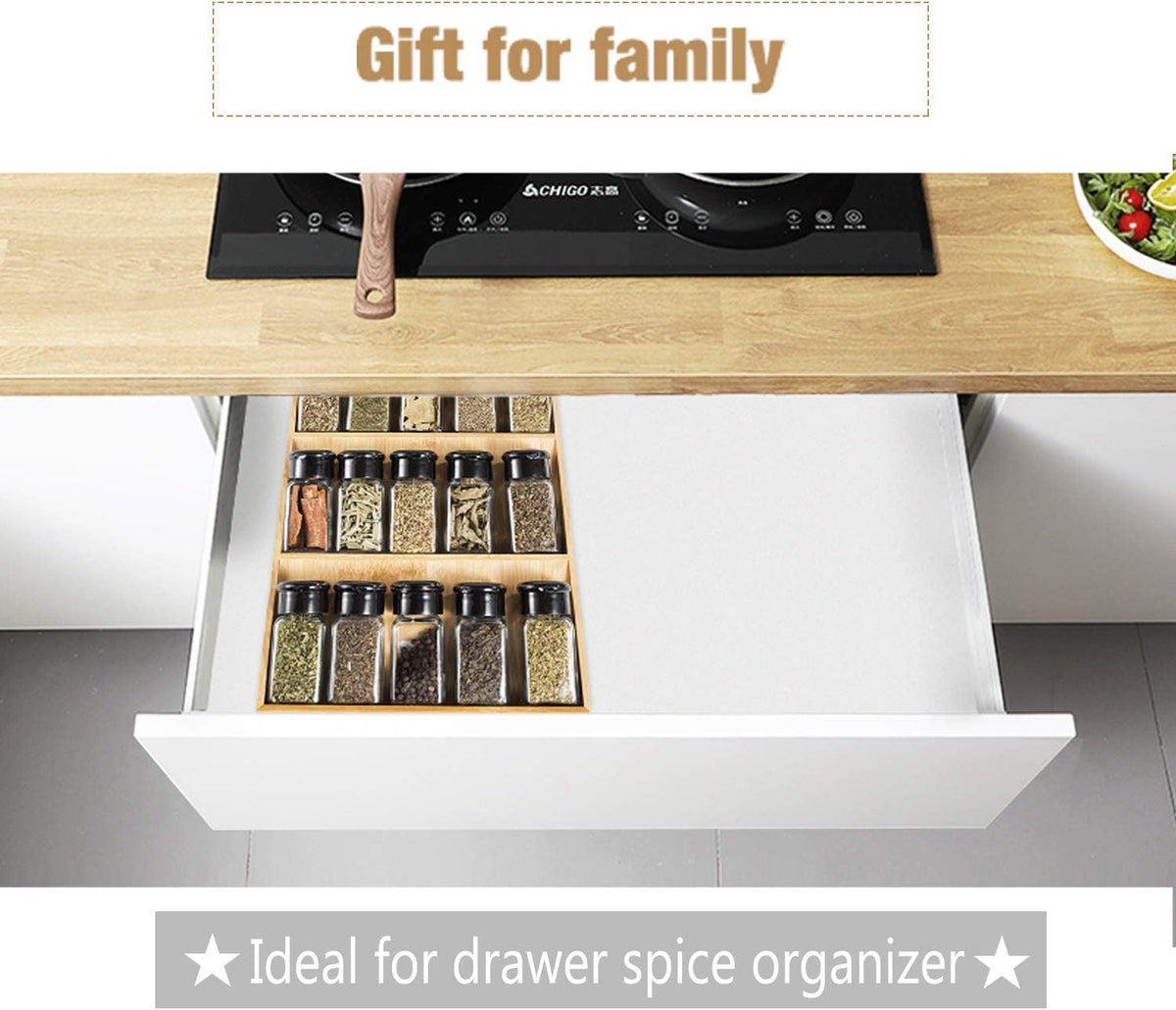 3-Tier Bamboo Drawer Spice Rack Wooden Kitchen Cabinet Spice Organizer Spice Jar Holder, Medicine/Health Care/Vitamin Bottles Storage Rack (Pre-Measure Drawer Dimensions), Drawer Rack