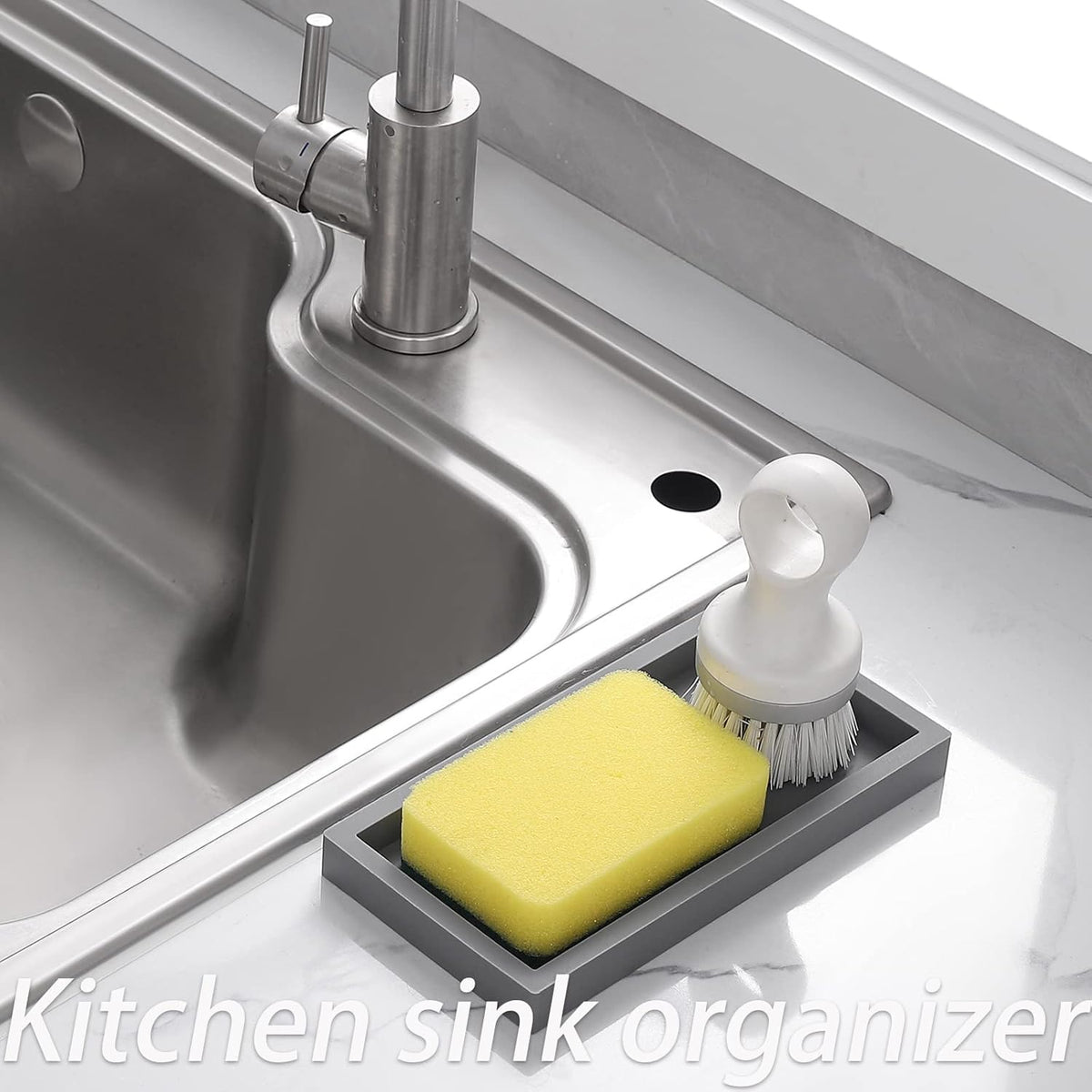 Small Silicone Bathroom Vanity Tray Rectangle Soap and Sponge Holder Kitchen Sink Organizer for Scrubber, Lotion Bottles, Perfume, Jewelry, Candle, Key Trinket Ring, Black