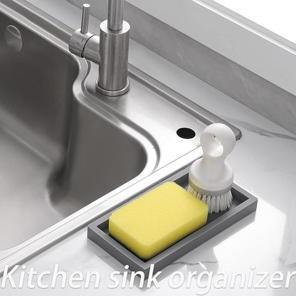 Small Silicone Bathroom Vanity Tray Rectangle Soap and Sponge Holder Kitchen Sink Organizer for Scrubber, Lotion Bottles, Perfume, Jewelry, Candle, Key Trinket Ring, Black
