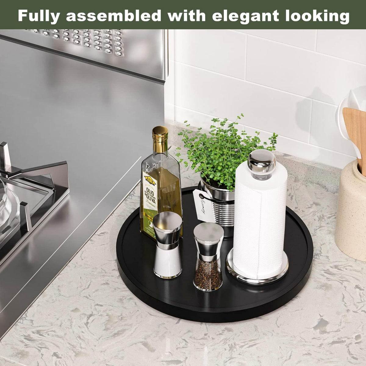Lazy Susan Organizer, 10 Inch Non-Skid Bamboo Turntable Organizer for Salt Pepper Olive Oil and Spices Next to Stove, Wooden Lazy Susan for Table or Kitchen Countertop Organizer